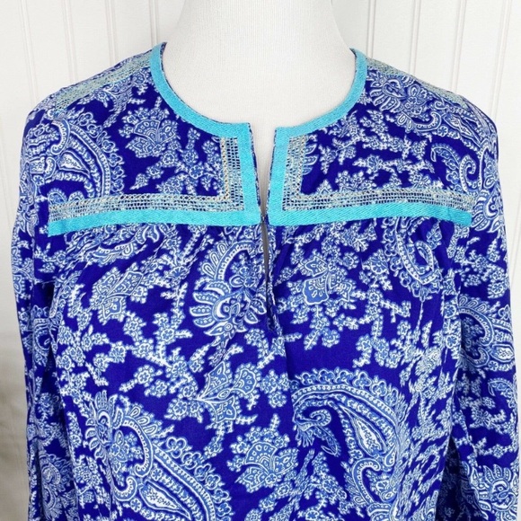 J. Crew Printed Peasant Paisley Top Boho Blouse Tunic E6540 Blue - Picture 5 of 13